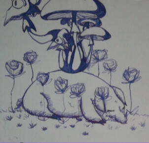 There are flowers growing all around a massive animal inside of me
